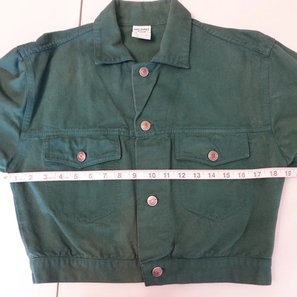 Vintage 90s Cropped Denim Jean Jacket Womens S Forest Green Boxy Faded Grunge - Picture 6 of 11